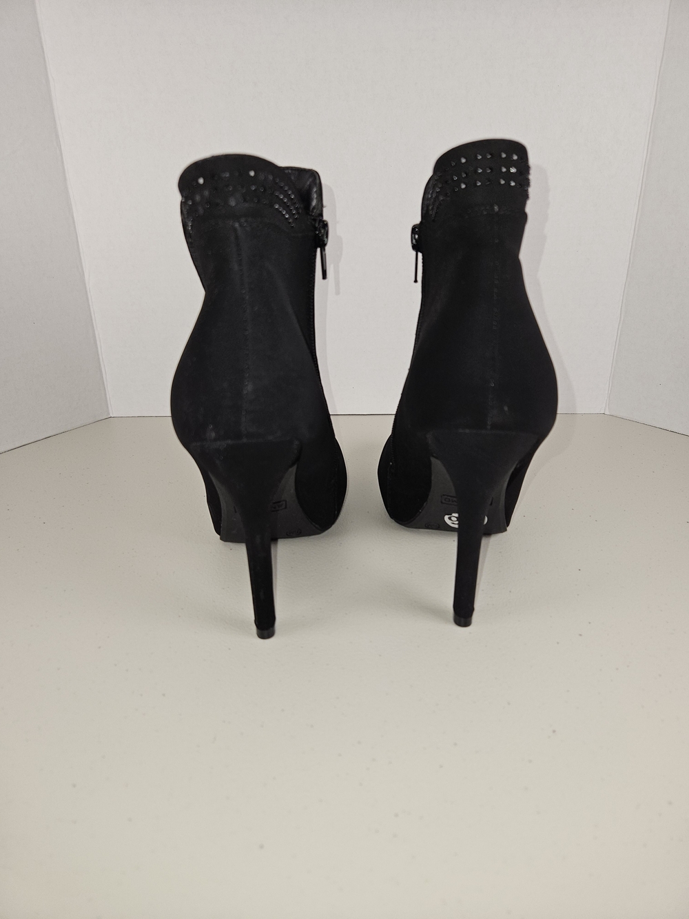 Black Suede High-Heel Ankle Booties with Studded Collar 9 1/2 M - Picture 5 of 16